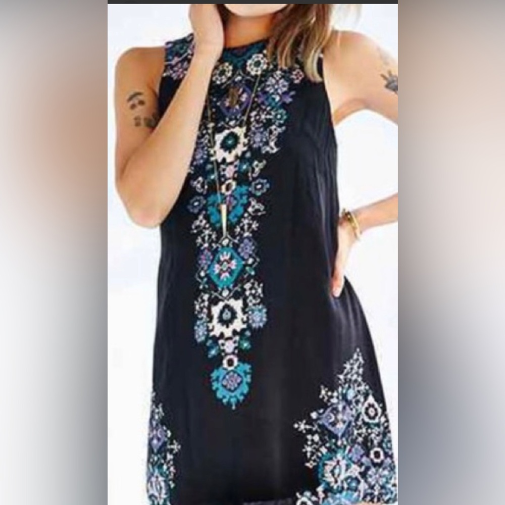 Ecote Black Tank Top with Turquoise & White Embroidery
